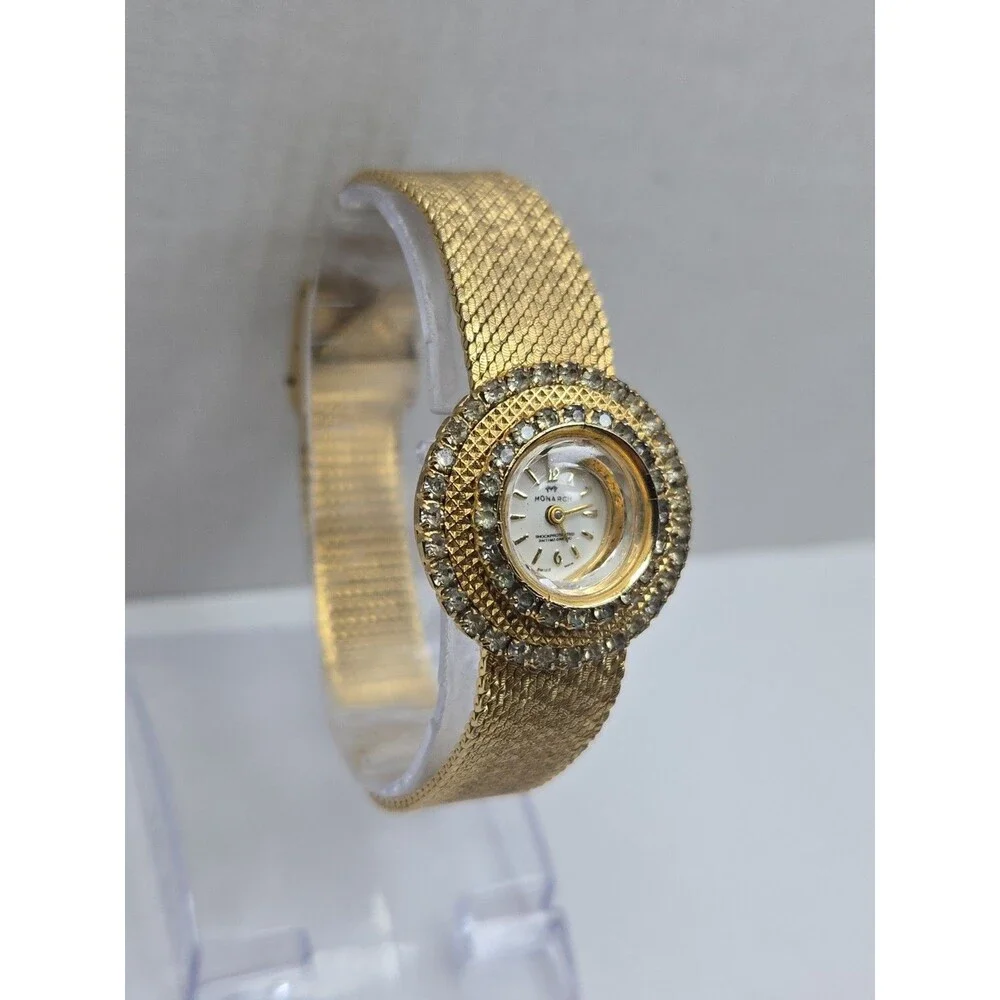 Womens Vintage Monarch Manual Wind Swiss Made Gold Tone Rhinestone Watch Runs